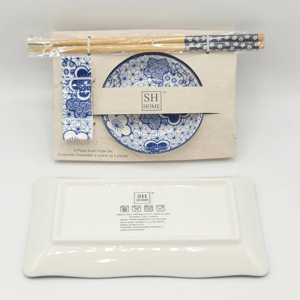 SH Home Set of 2 Ceramic Sushi Serving Plate 8x4.5 Blue White Floral Print 10pcs